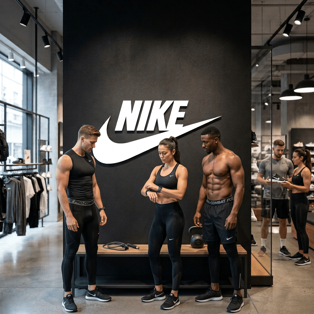 Nike Swoosh and NIKE wordmark displayed on a black store wall
